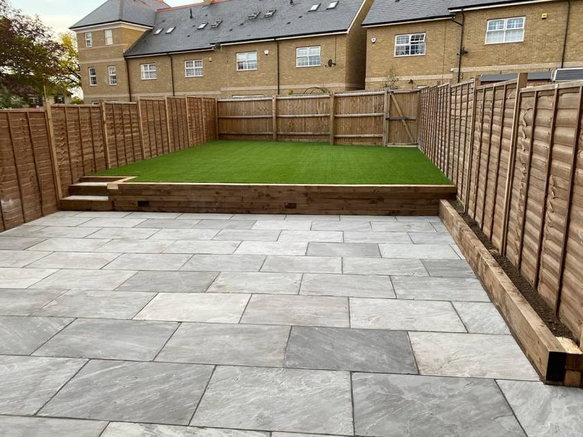 Patio, Sleeper Wall, Stairs & Artificial Grass Installation – New Malden (KT3)